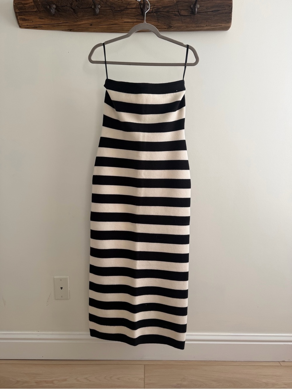 Abercrombie & Fitch Black and Cream Striped Knit Spaghetti Strap Midi Dress